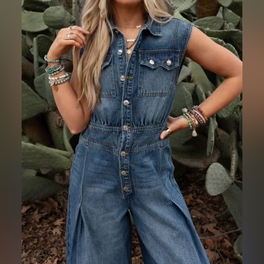NWT Bluivy Denim Sleeveless Button Up Barrel Horseshoe Jean Jumper Jumpsuit - Picture 5 of 9